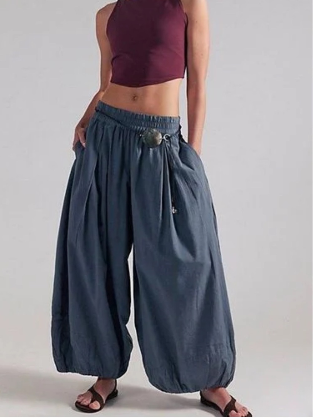 Free People Moonflower Pull On Balloon Pants Large Steel Grey Harem Wide Leg